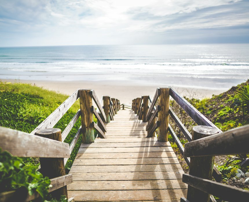 A wooden boardwalk leading through greenery towards the sea