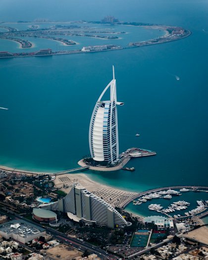 Aerial view of the Burj Al Arab hotel on the Dubai coastline