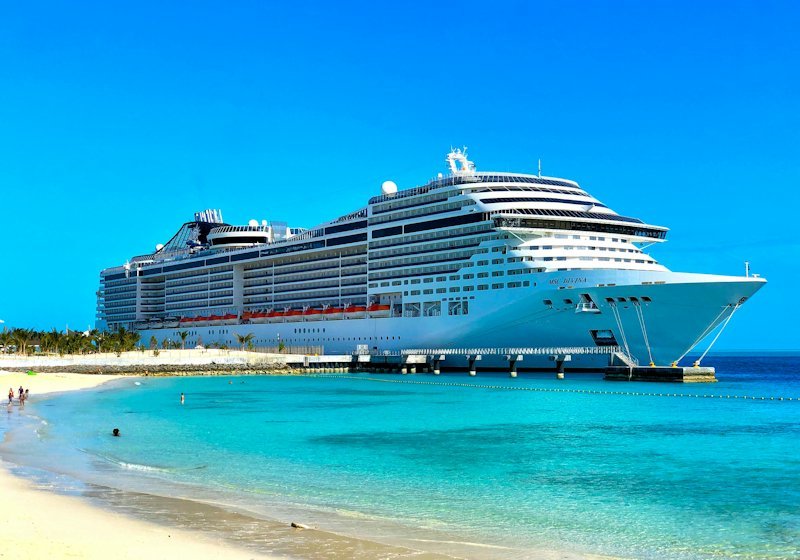 A cruise ship moored beside a tropical shoreline